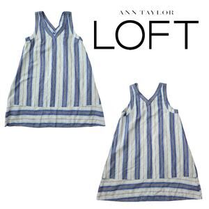 Loft Linen Blend Double V Dress Women's Small White Blue Stripe A Line
